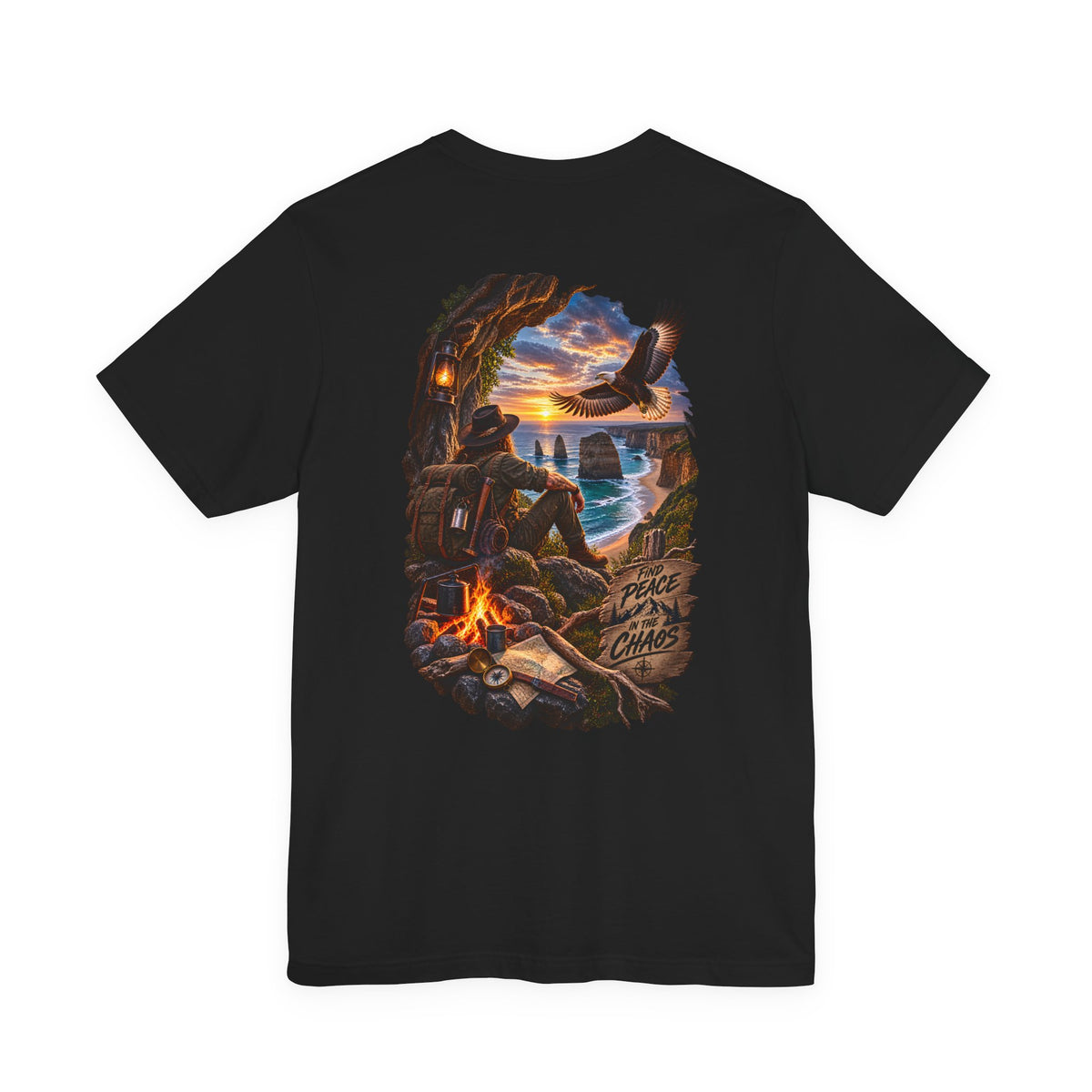 Coastal Campfire Adventure T-Shirt — Sunset, Eagle & Seaside Explorer Tee