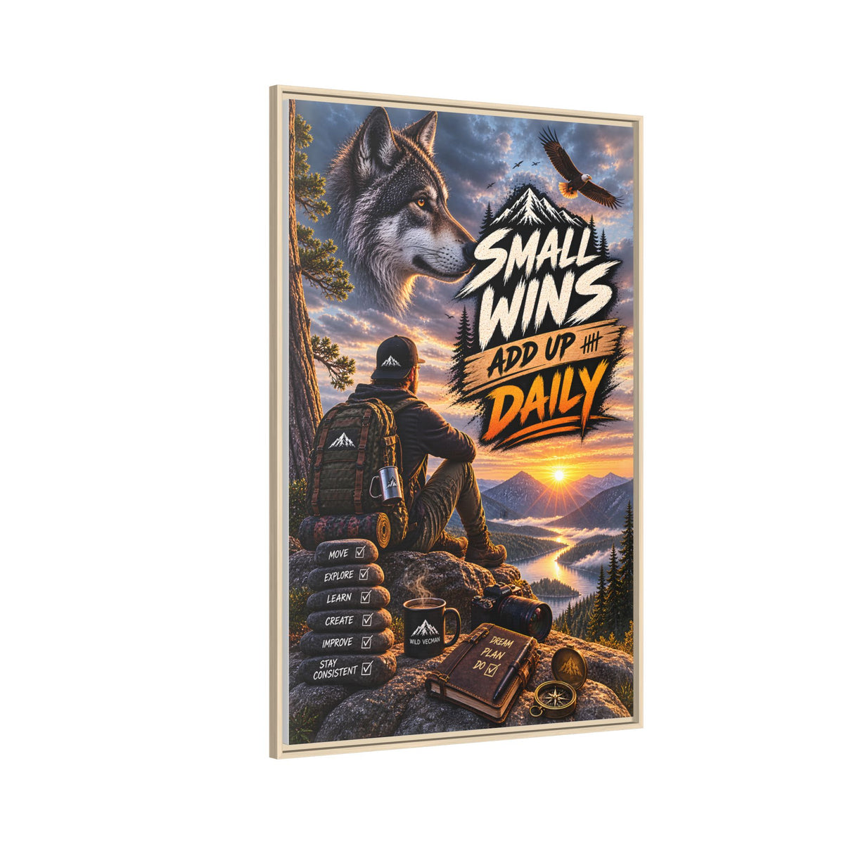 Small Wins Add Up Daily Framed Canvas Wall Art — Motivational Hiking Print