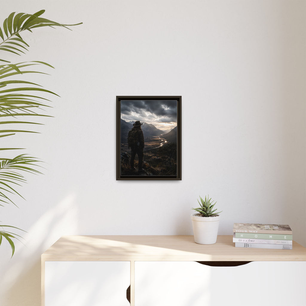 Wanderer in the Valley Matte Framed Canvas – Adventure Landscape Wall Art