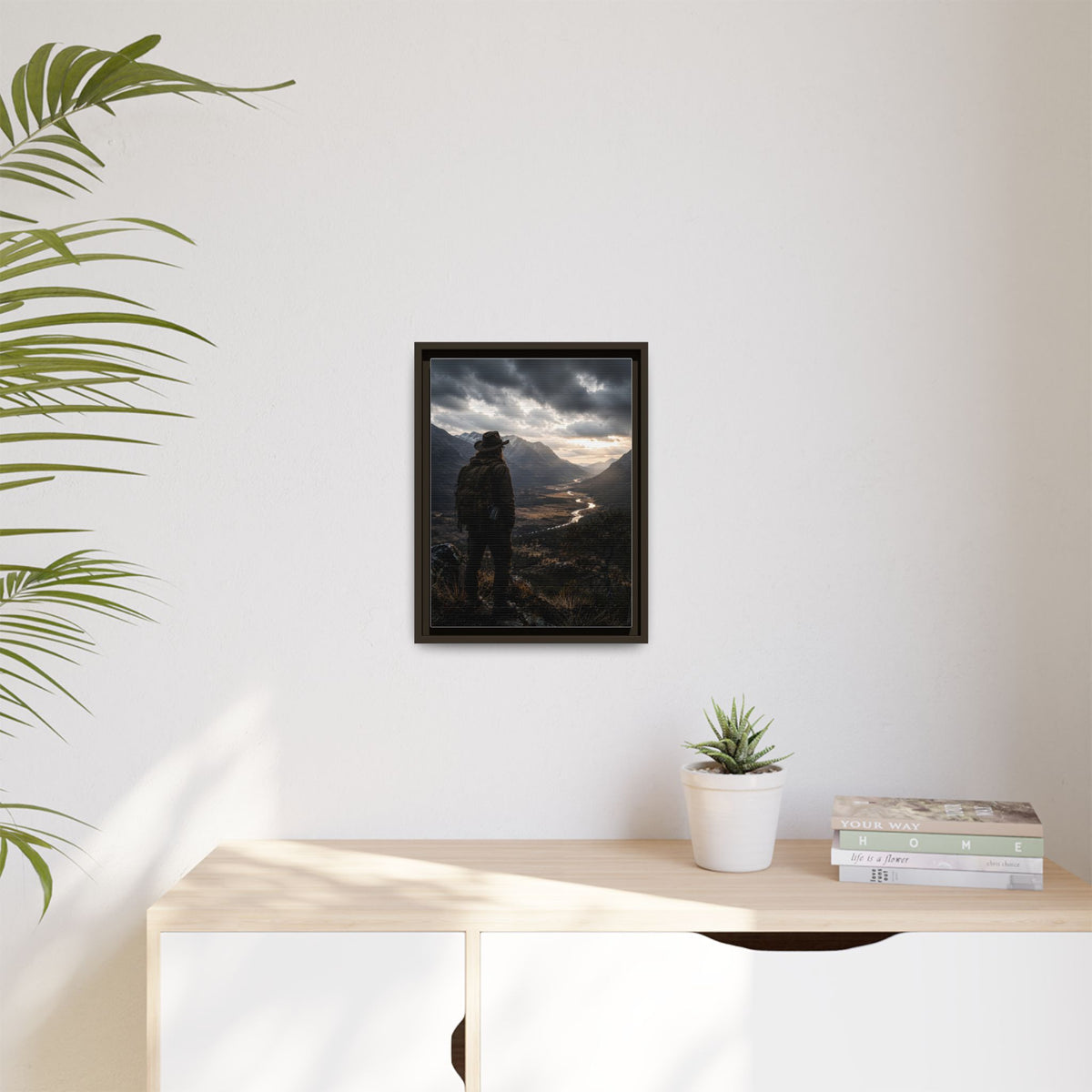 Wanderer in the Valley Matte Framed Canvas – Adventure Landscape Wall Art