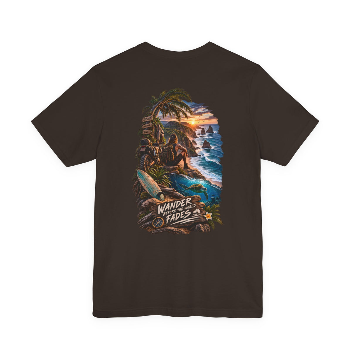 T-Shirt — "Wander Never Fades" Surf Sunset Graphic Tee