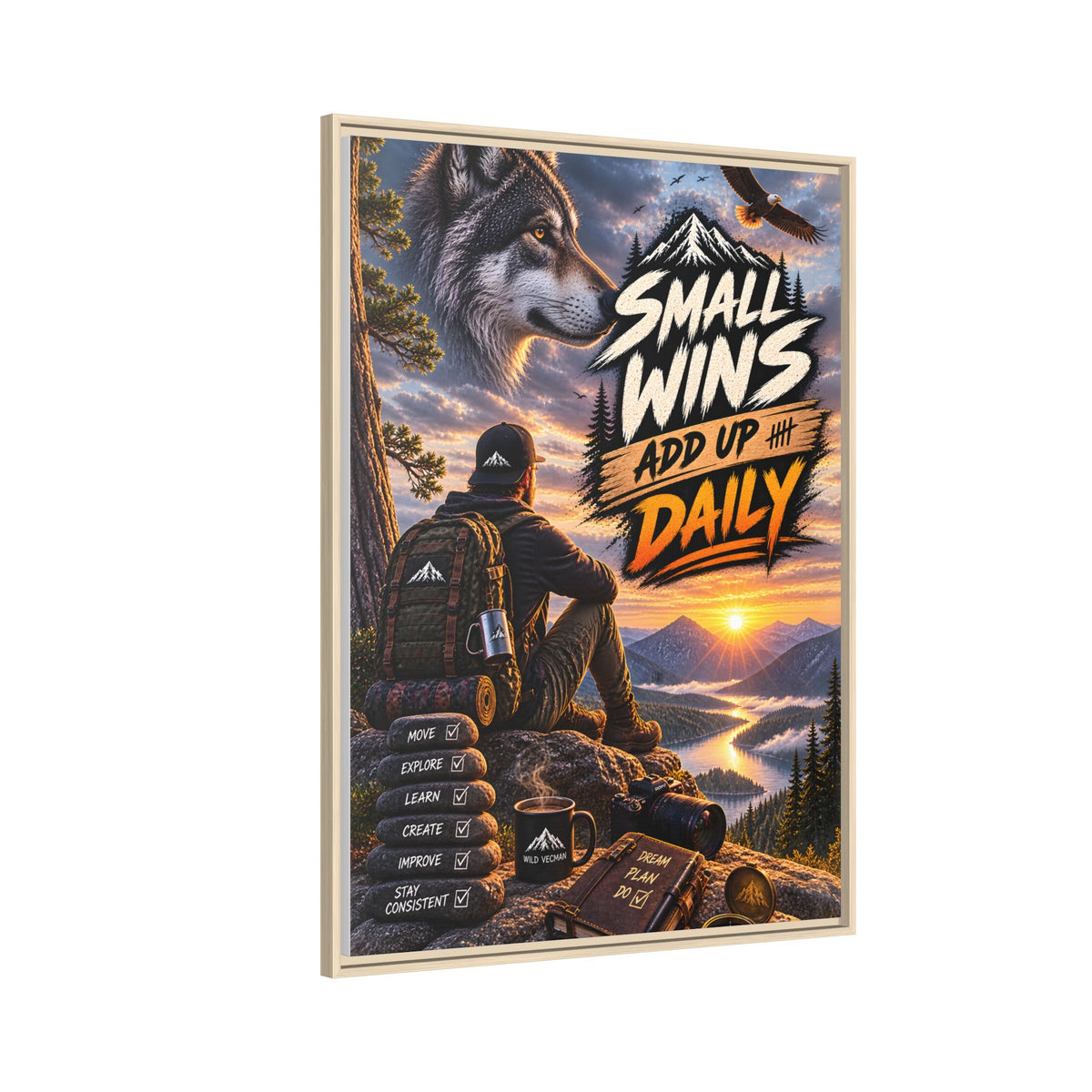 Small Wins Add Up Daily Framed Canvas Wall Art — Motivational Hiking Print
