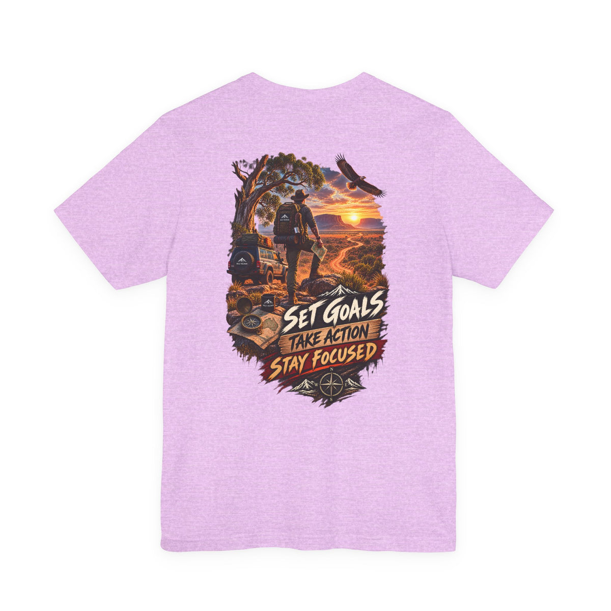 Motivational Hiking T‑Shirt — "Set Goals, Take Action, Stay Focused" Back Graphic