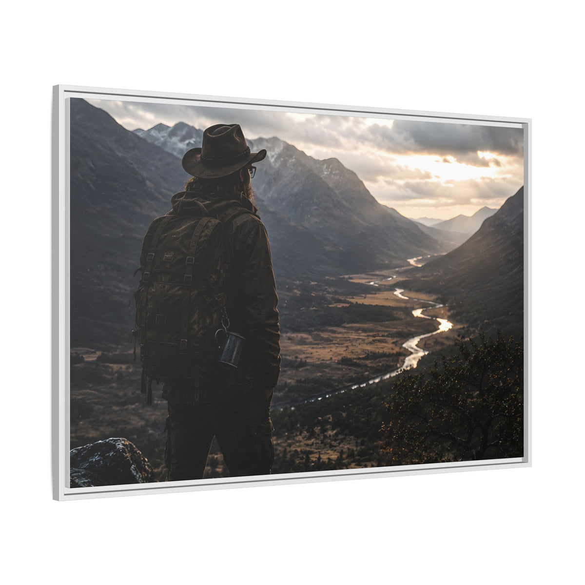 Wanderer in the Valley Matte Framed Canvas – Adventure Landscape Wall Art