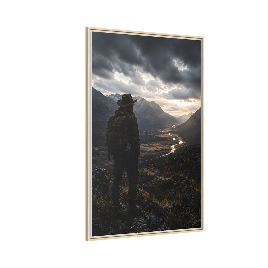 Wanderer in the Valley Matte Framed Canvas – Adventure Landscape Wall Art