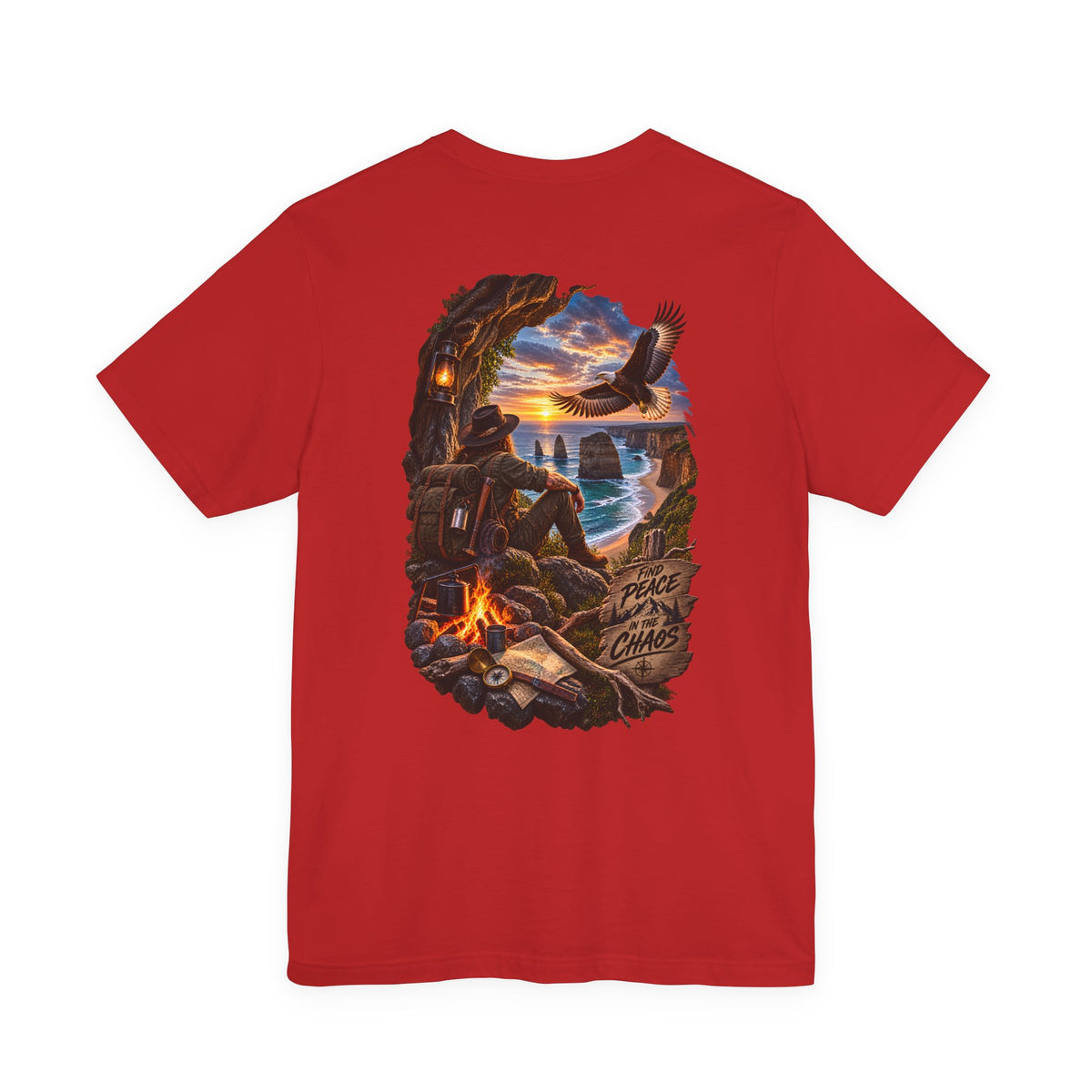 Coastal Campfire Adventure T-Shirt — Sunset, Eagle & Seaside Explorer Tee