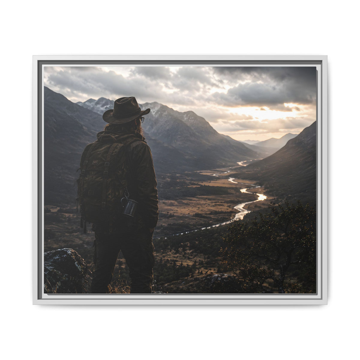 Wanderer in the Valley Matte Framed Canvas – Adventure Landscape Wall Art
