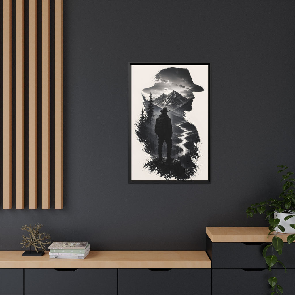 Adventure Silhouette Matte Canvas Framed Print — Mountain Hiker Double Exposure Wall Art
