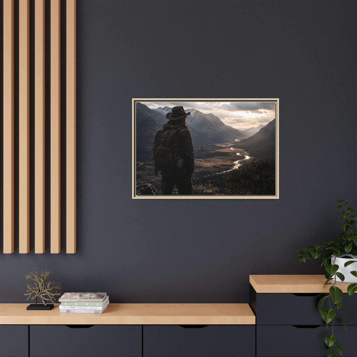 Wanderer in the Valley Matte Framed Canvas – Adventure Landscape Wall Art