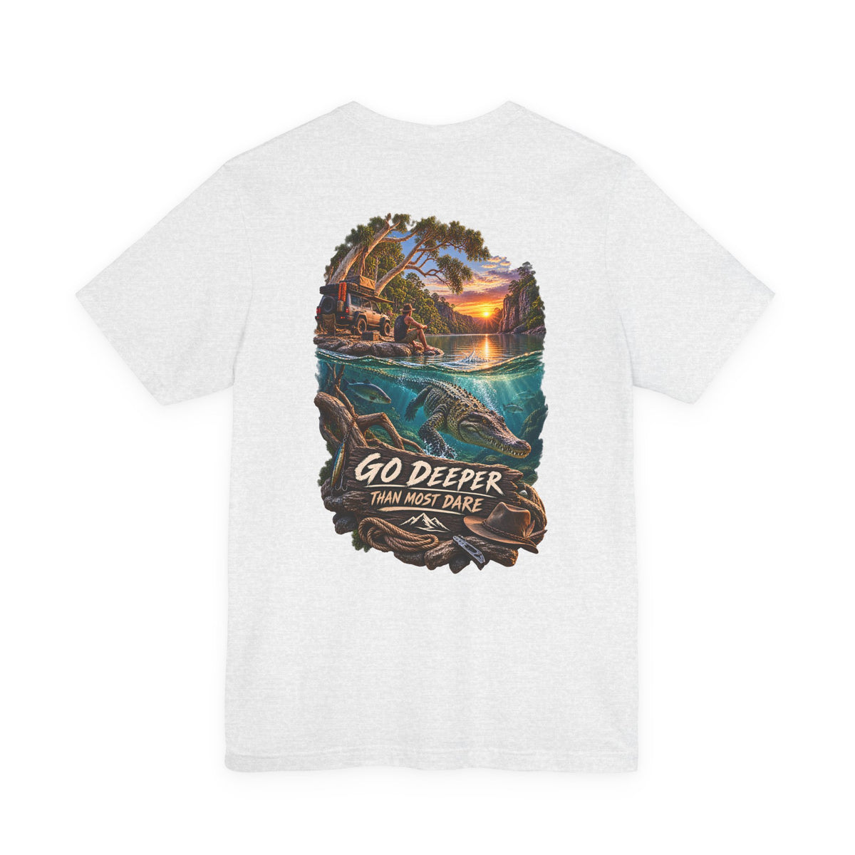 Go Deeper Dolphin Beach Tee — Nautical Sunset Ocean Graphic T‑Shirt