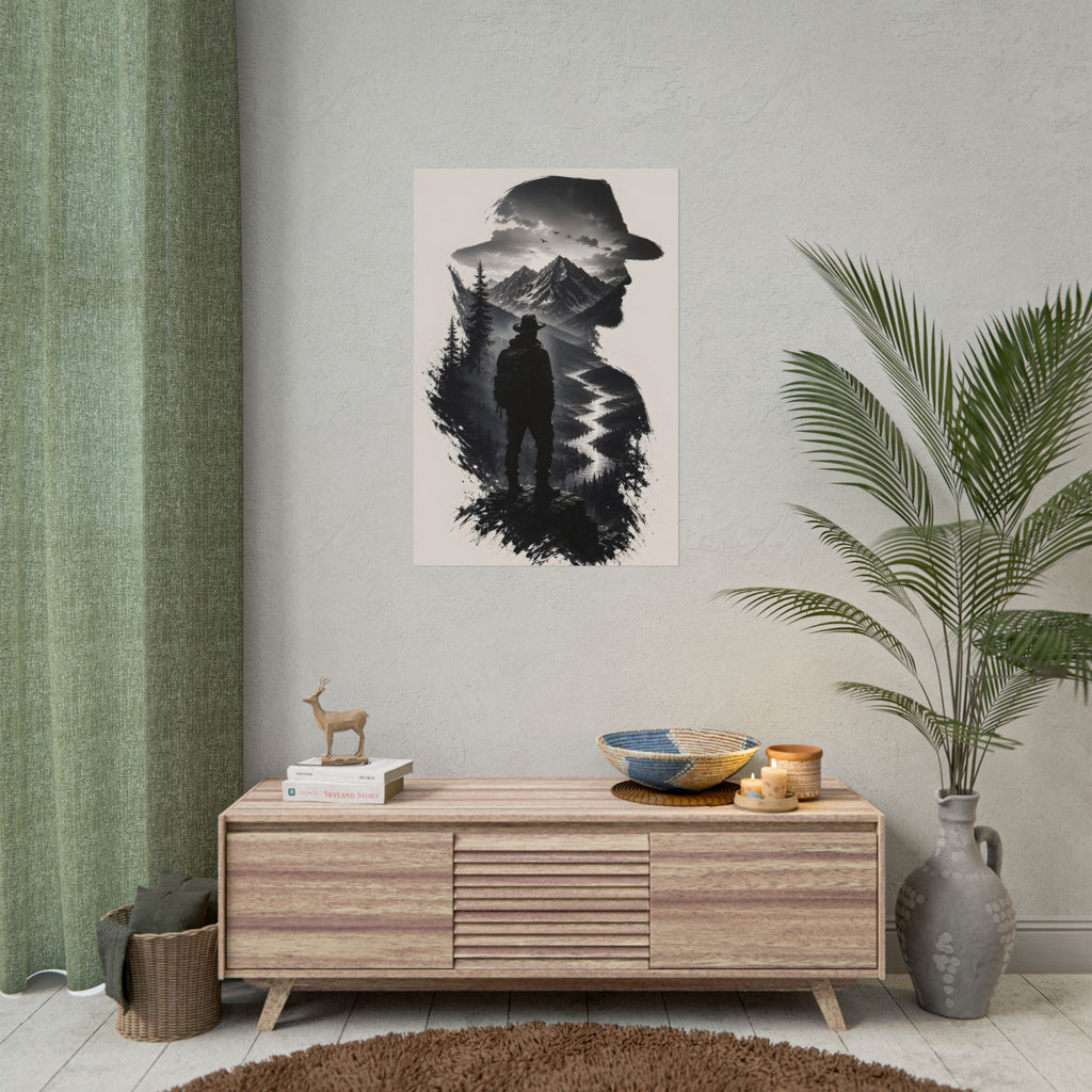 Adventure Silhouette Poster — Hiker, Mountains & River Rolled Wall Art
