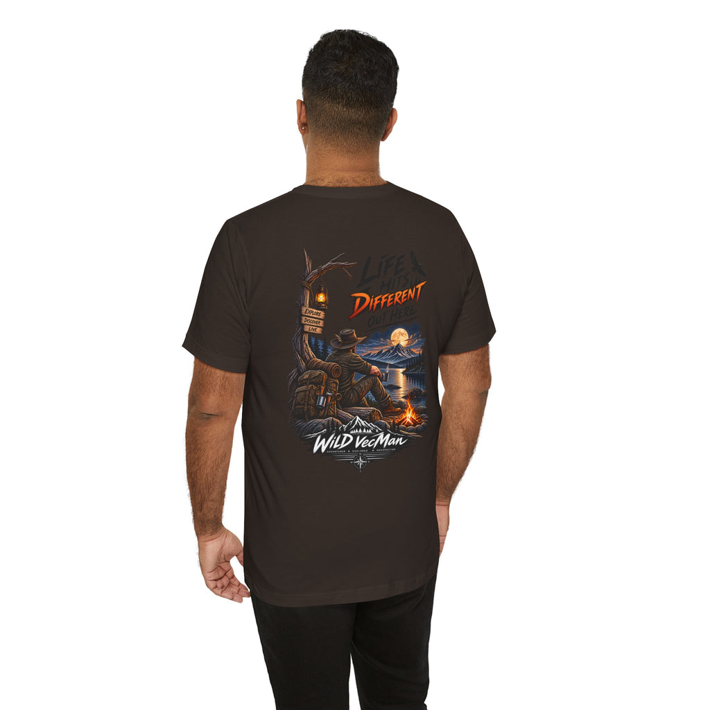Adventure Campfire T-Shirt — “Life Hits Different Out Here” Graphic Tee