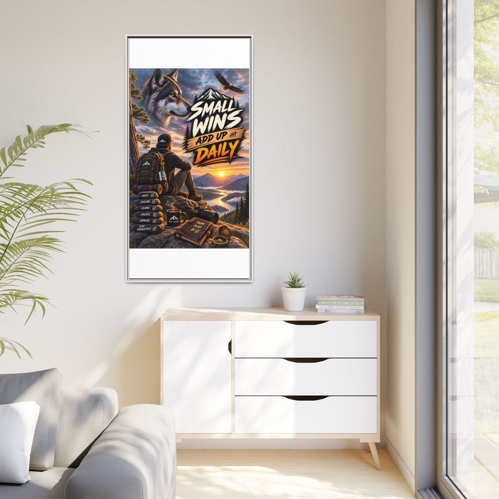 Small Wins Add Up Daily Framed Canvas Wall Art — Motivational Hiking Print