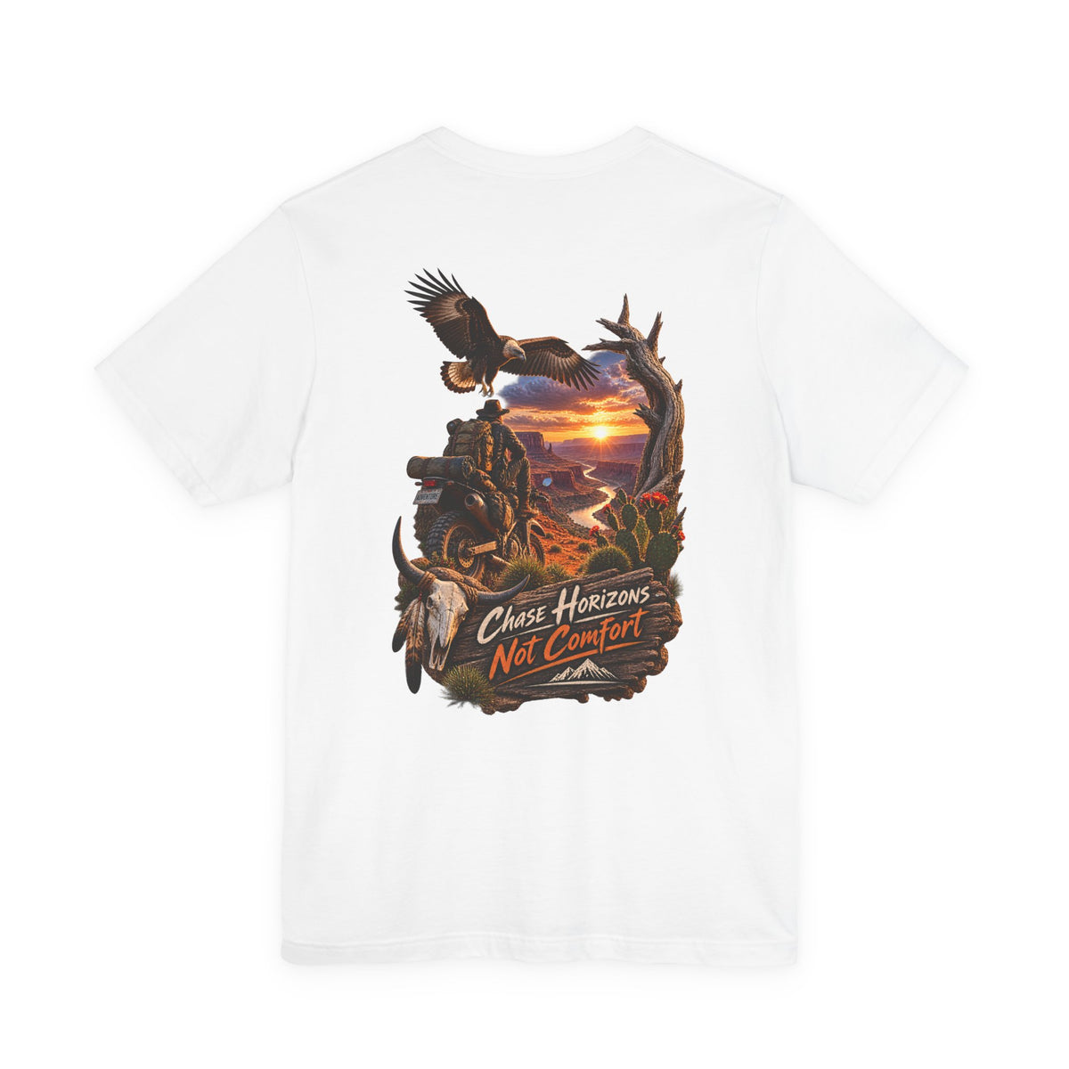 Chase Horizons Not Comfort T-Shirt — Adventure Motorcycle Sunset Graphic Tee