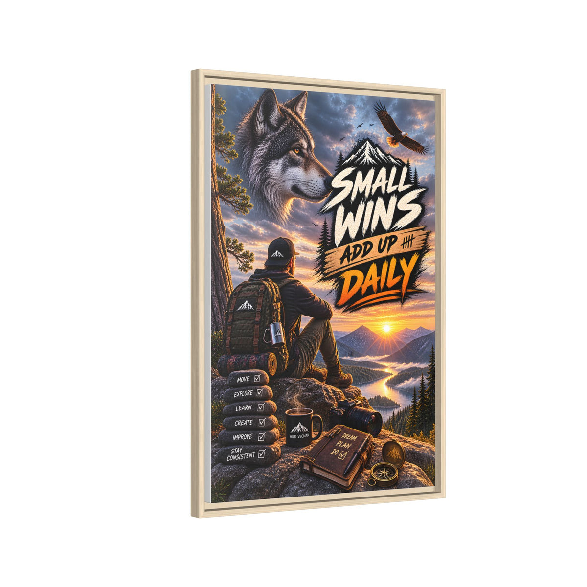Small Wins Add Up Daily Framed Canvas Wall Art — Motivational Hiking Print