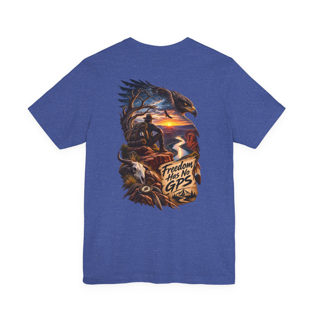 Freedom Has No GPS T‑Shirt — Patriotic Eagle Sunset Vintage Tee