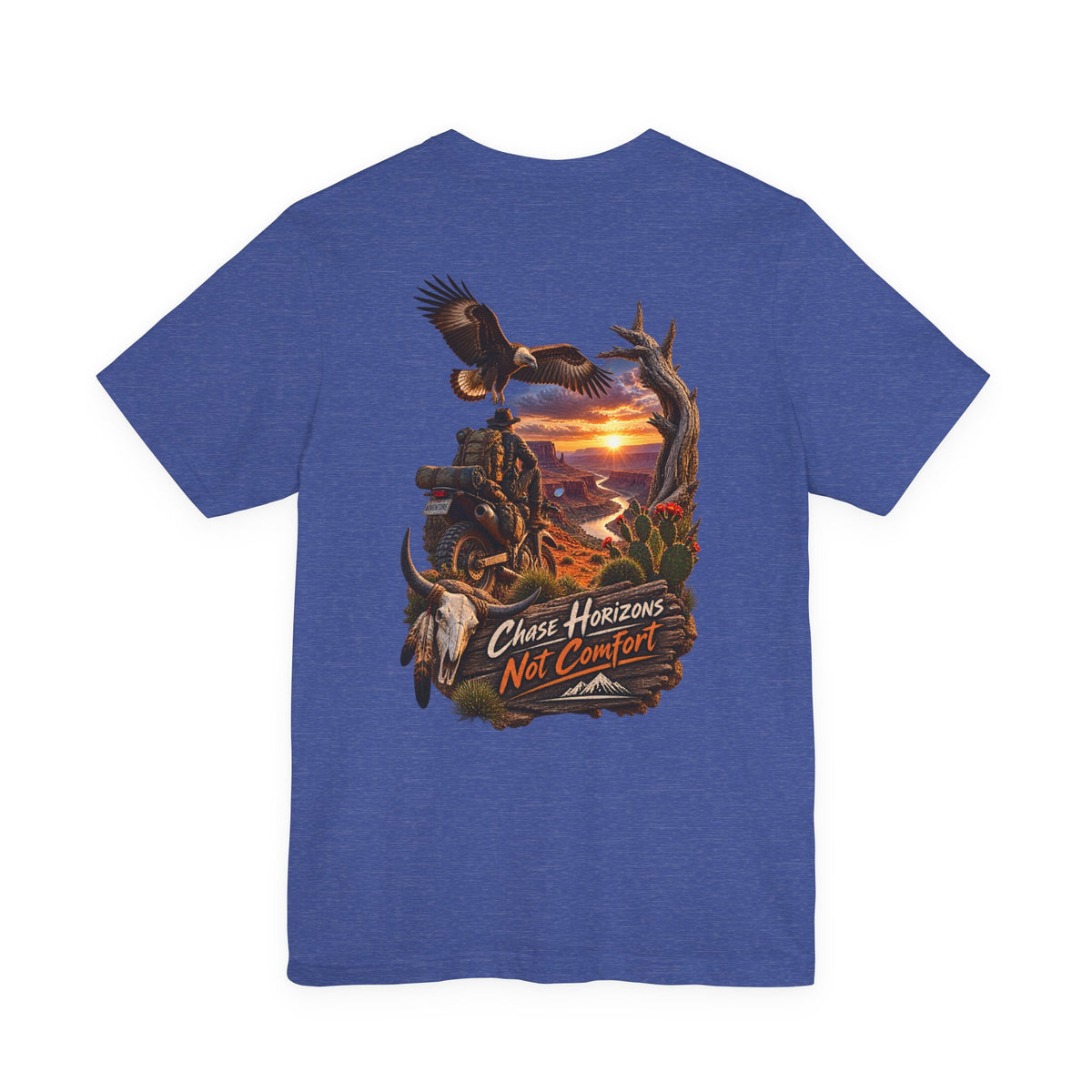 Chase Horizons Not Comfort T-Shirt — Adventure Motorcycle Sunset Graphic Tee