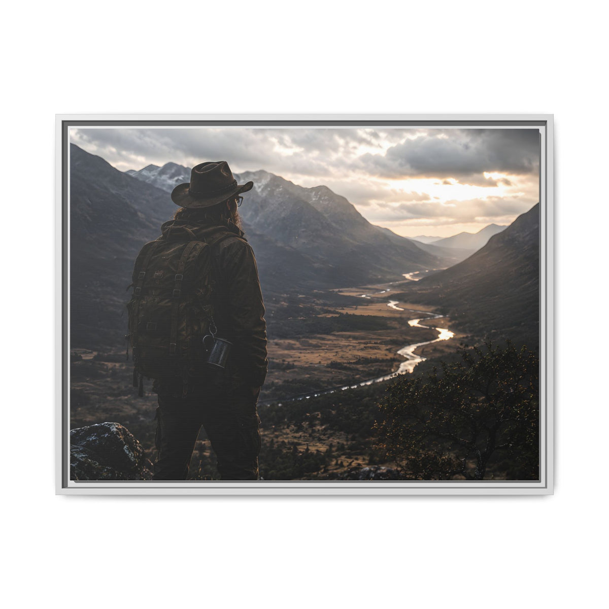 Wanderer in the Valley Matte Framed Canvas – Adventure Landscape Wall Art
