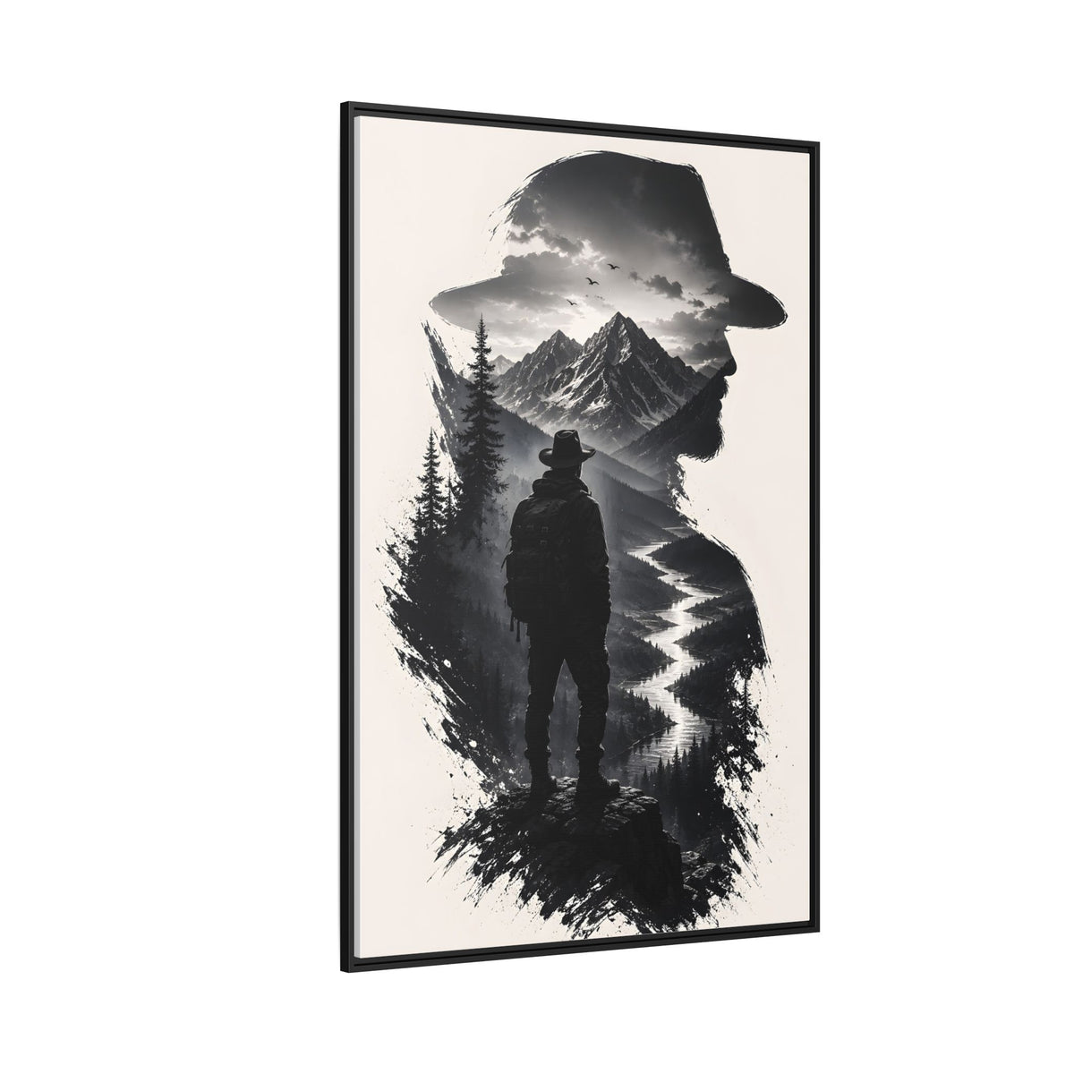 Adventure Silhouette Matte Canvas Framed Print — Mountain Hiker Double Exposure Wall Art