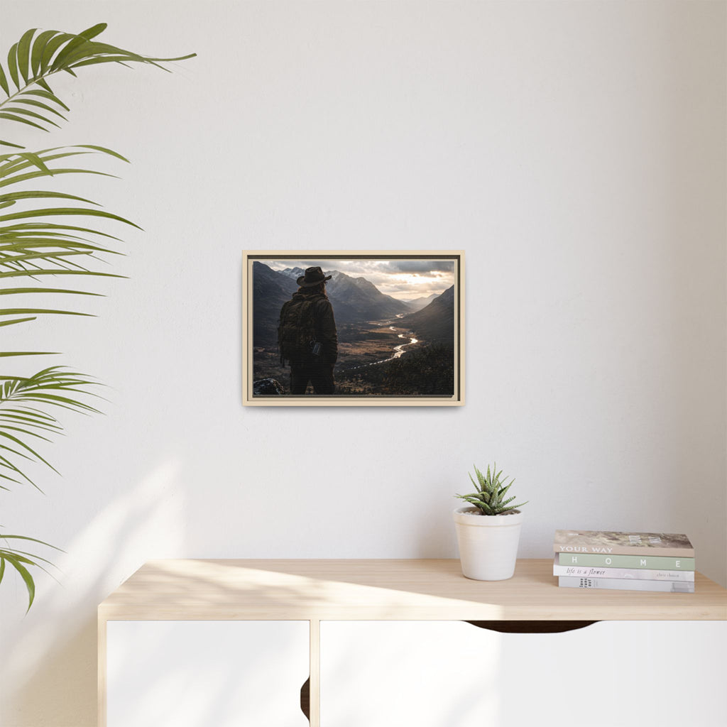 Wanderer in the Valley Matte Framed Canvas – Adventure Landscape Wall Art
