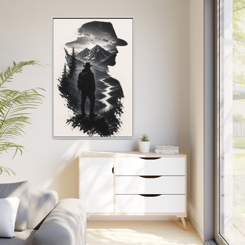 Adventure Silhouette Matte Canvas Framed Print — Mountain Hiker Double Exposure Wall Art