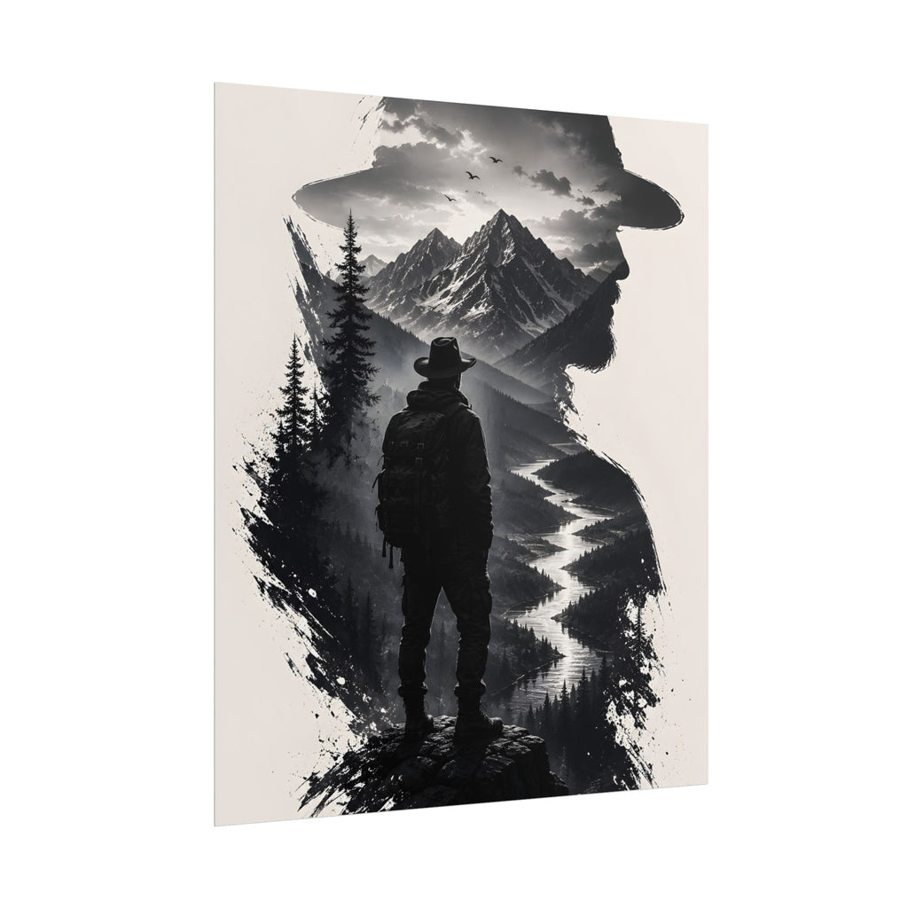 Adventure Silhouette Poster — Hiker, Mountains & River Rolled Wall Art