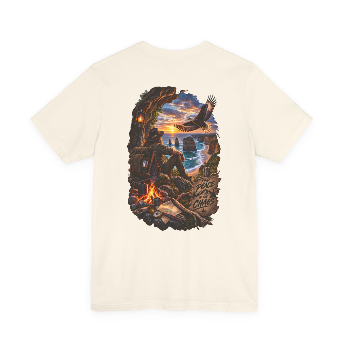 Coastal Campfire Adventure T-Shirt — Sunset, Eagle & Seaside Explorer Tee