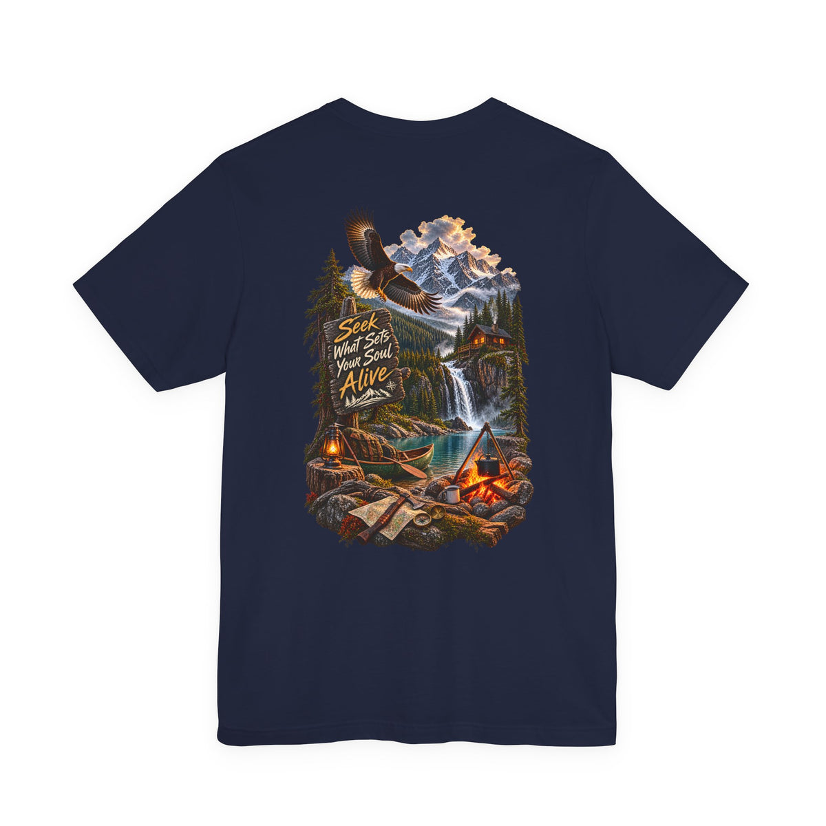 Adventure Tee — 'Seek What Sets Your Soul Alive' Mountain & Campback Graphic