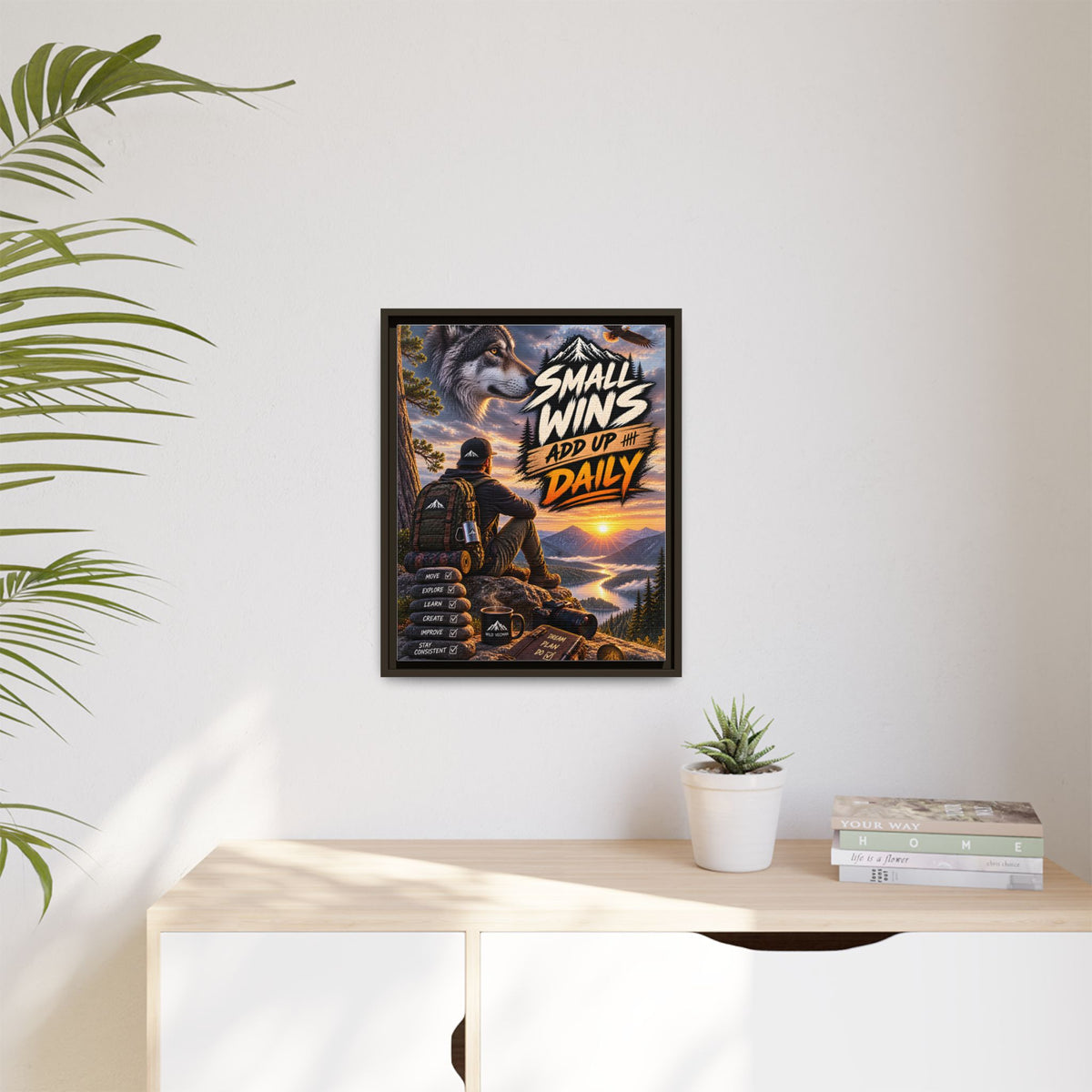 Small Wins Add Up Daily Framed Canvas Wall Art — Motivational Hiking Print