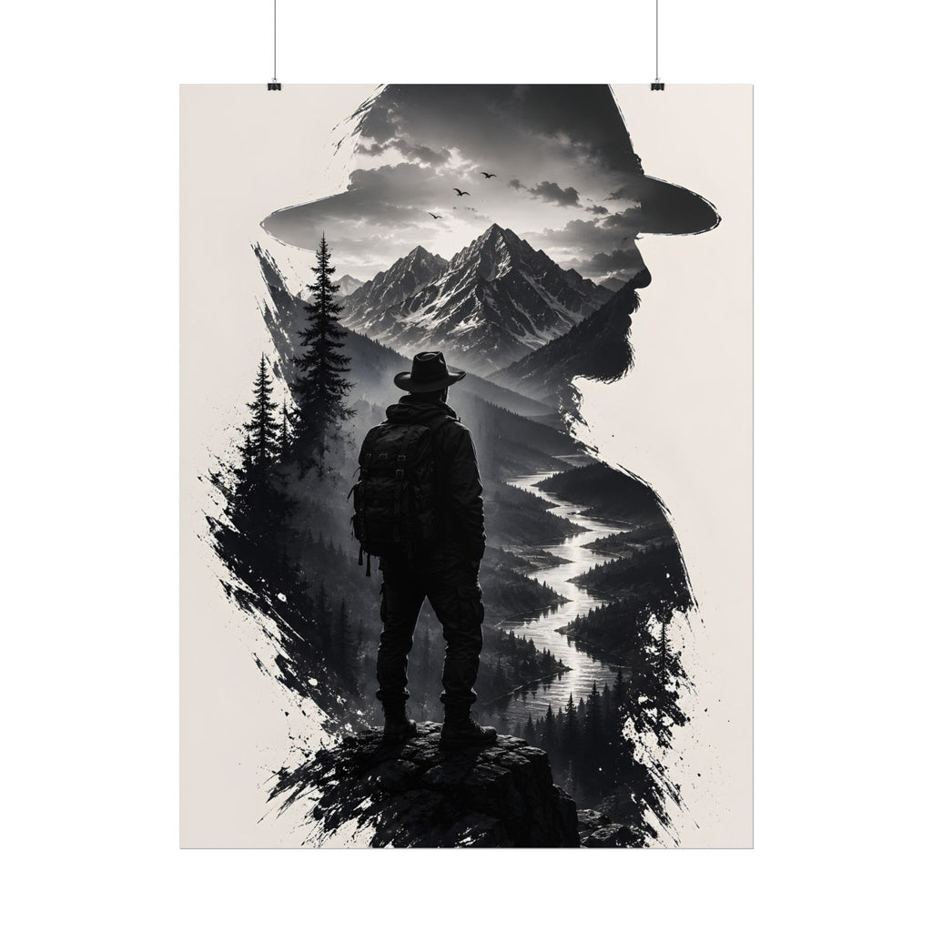 Adventure Silhouette Poster — Hiker, Mountains & River Rolled Wall Art