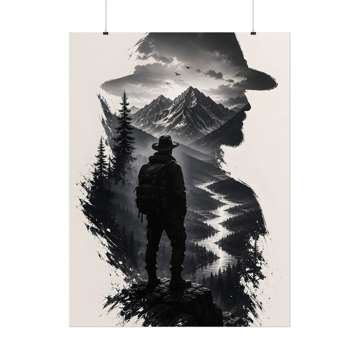 Adventure Silhouette Poster — Hiker, Mountains & River Rolled Wall Art