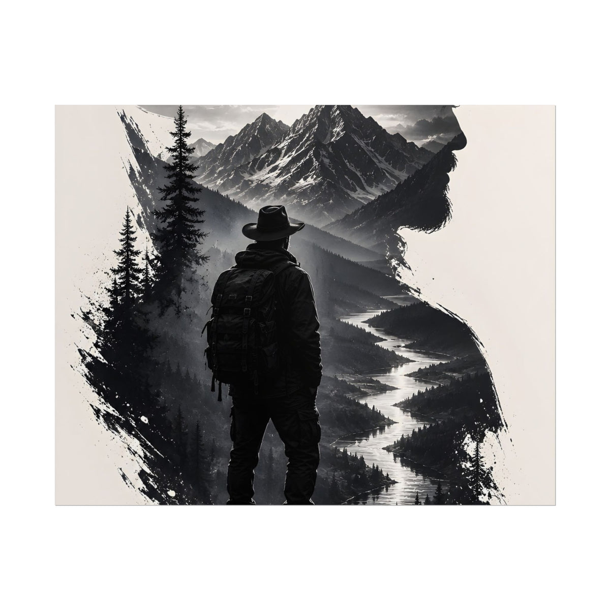 Adventure Silhouette Poster — Hiker, Mountains & River Rolled Wall Art
