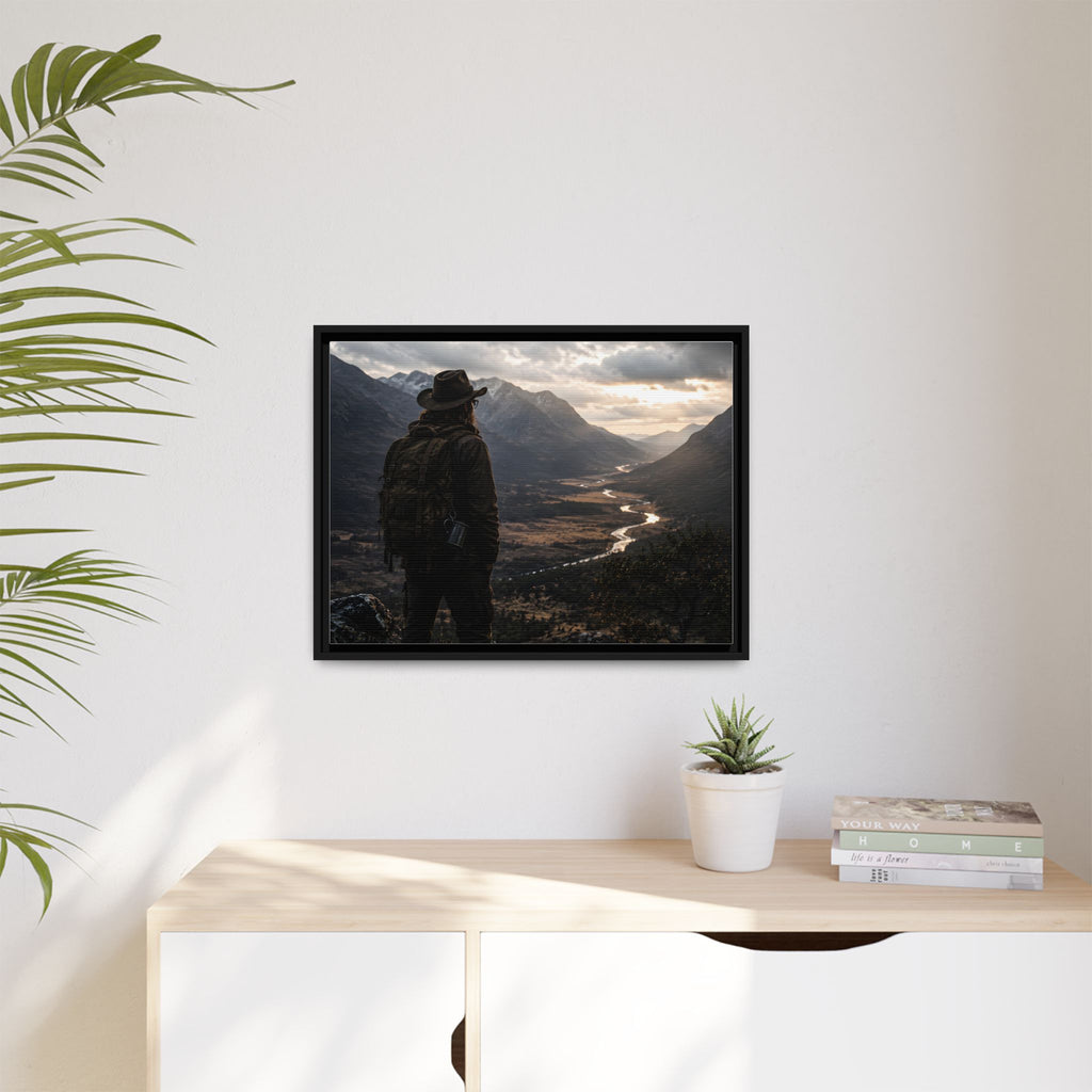 Wanderer in the Valley Matte Framed Canvas – Adventure Landscape Wall Art