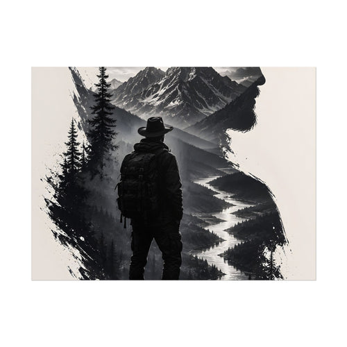 Adventure Silhouette Poster — Hiker, Mountains & River Rolled Wall Art