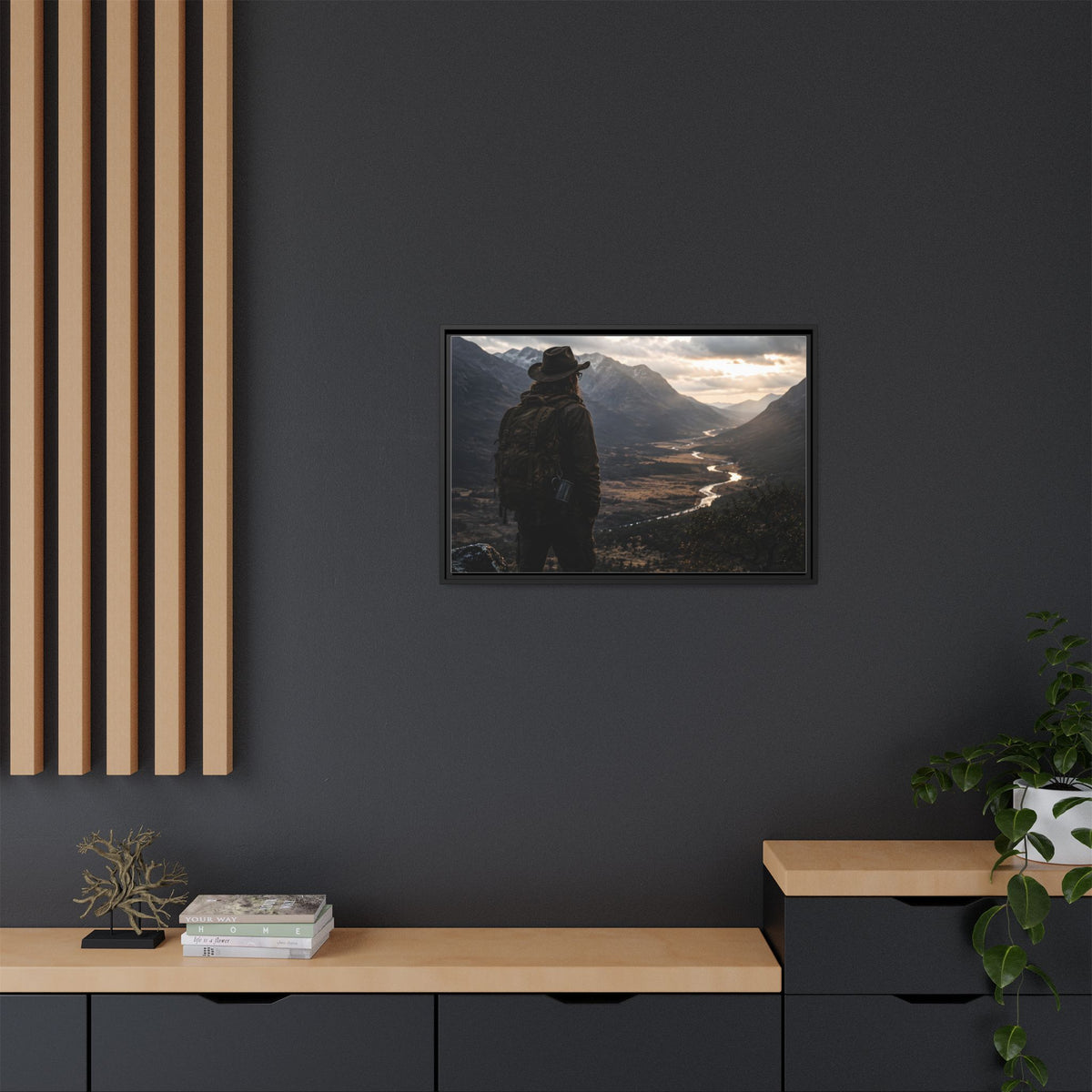 Wanderer in the Valley Matte Framed Canvas – Adventure Landscape Wall Art