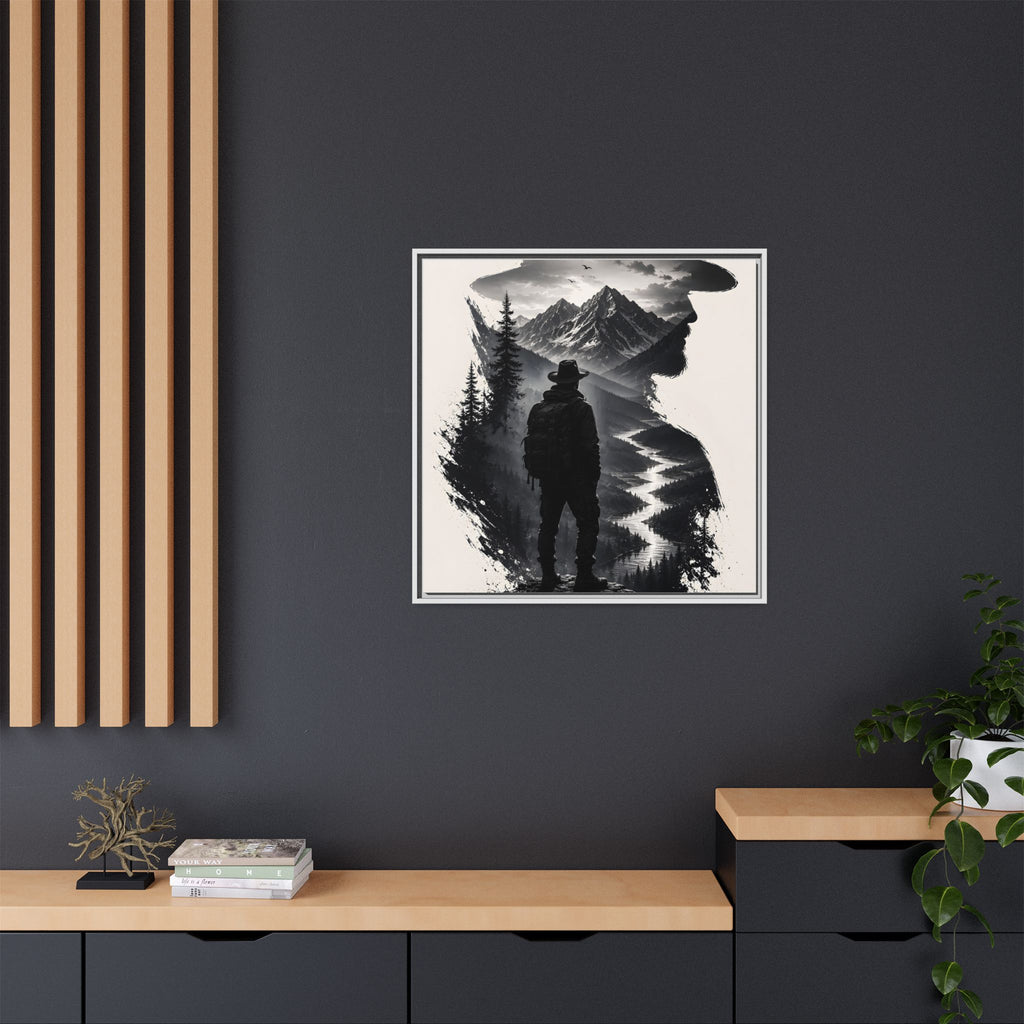 Adventure Silhouette Matte Canvas Framed Print — Mountain Hiker Double Exposure Wall Art
