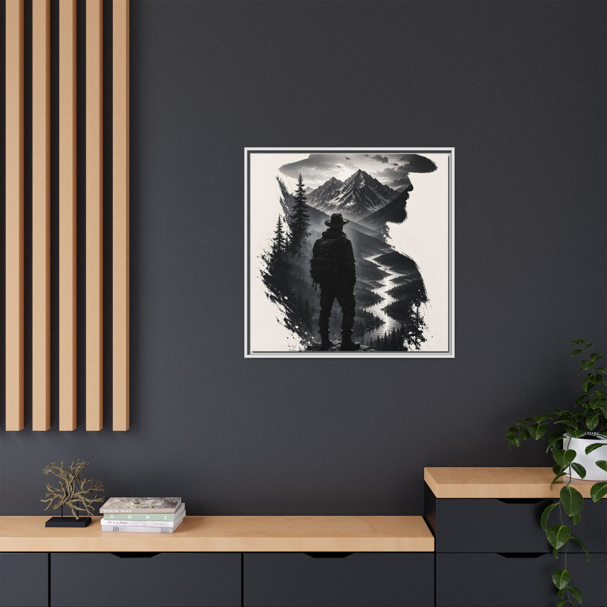 Adventure Silhouette Matte Canvas Framed Print — Mountain Hiker Double Exposure Wall Art