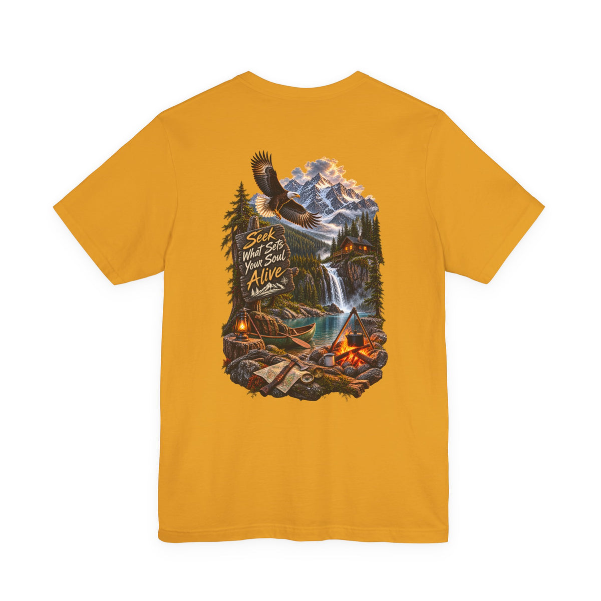 Adventure Tee — 'Seek What Sets Your Soul Alive' Mountain & Campback Graphic