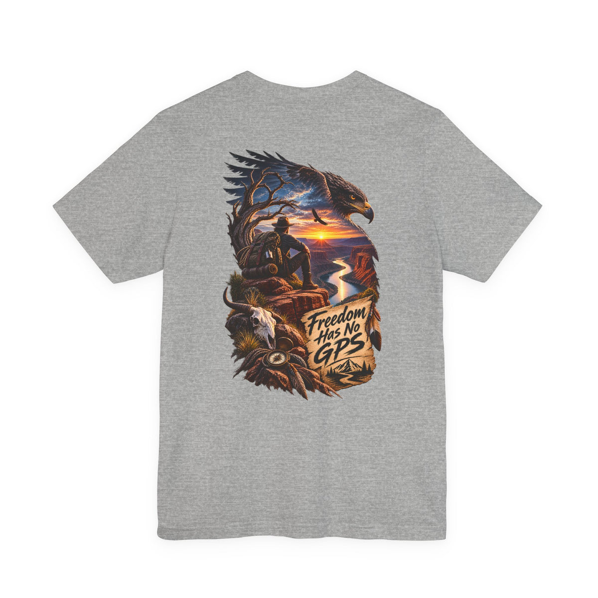 Freedom Has No GPS T‑Shirt — Patriotic Eagle Sunset Vintage Tee
