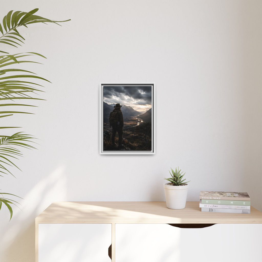 Wanderer in the Valley Matte Framed Canvas – Adventure Landscape Wall Art