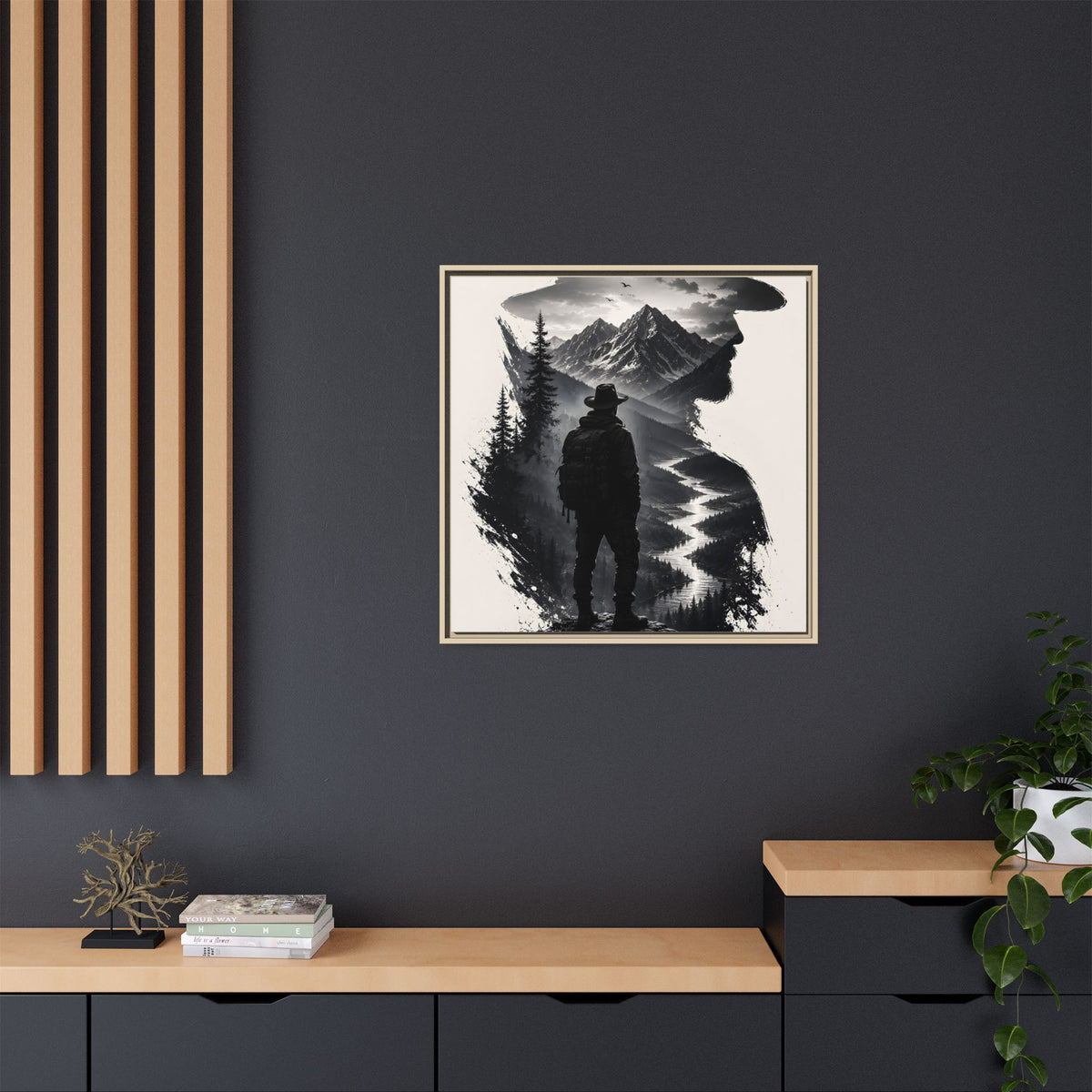 Adventure Silhouette Matte Canvas Framed Print — Mountain Hiker Double Exposure Wall Art
