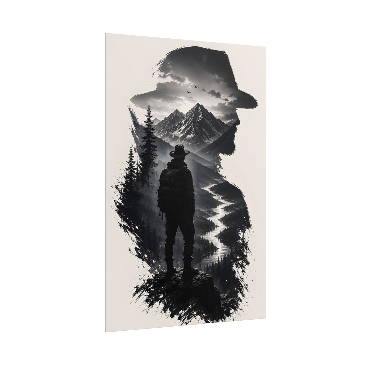 Adventure Silhouette Poster — Hiker, Mountains & River Rolled Wall Art
