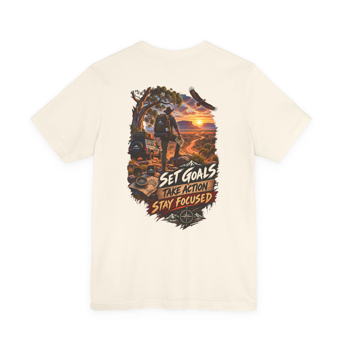 Motivational Hiking T‑Shirt — "Set Goals, Take Action, Stay Focused" Back Graphic