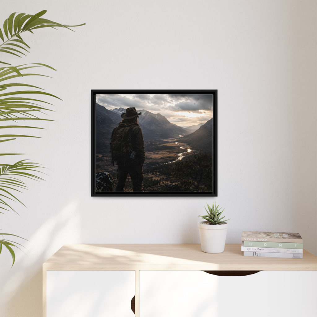 Wanderer in the Valley Matte Framed Canvas – Adventure Landscape Wall Art