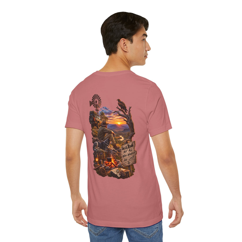 Sunset Campfire Western Tee — "Not All Who Wander Are Lost"