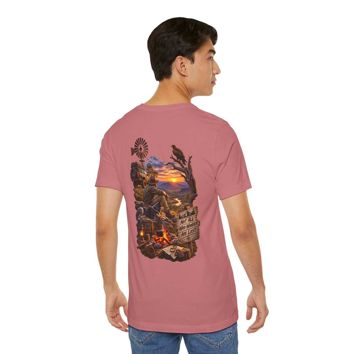 Sunset Campfire Western Tee — "Not All Who Wander Are Lost"