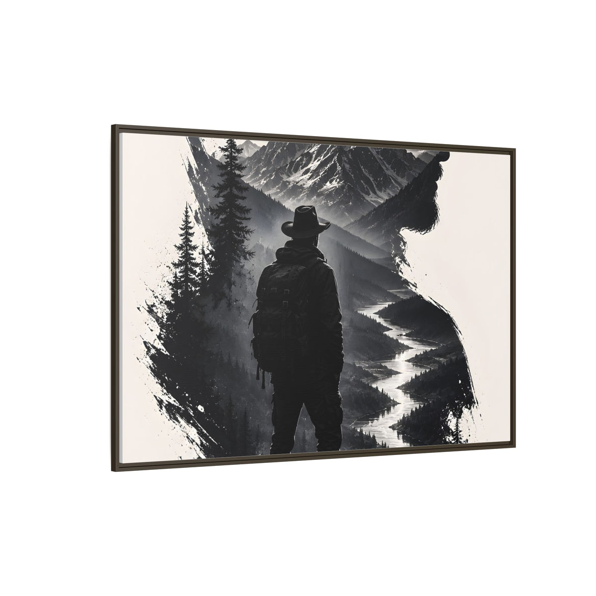 Adventure Silhouette Matte Canvas Framed Print — Mountain Hiker Double Exposure Wall Art