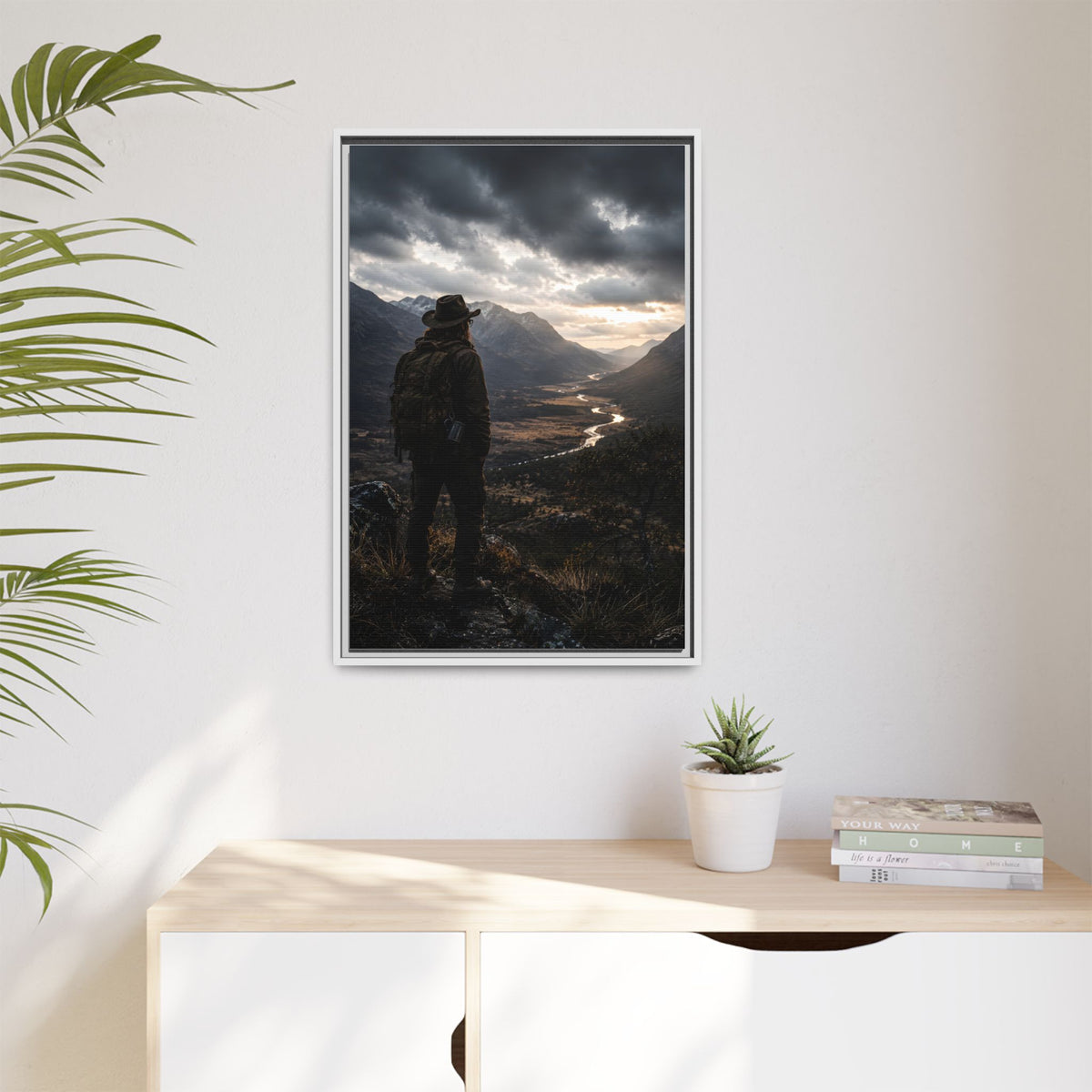 Wanderer in the Valley Matte Framed Canvas – Adventure Landscape Wall Art