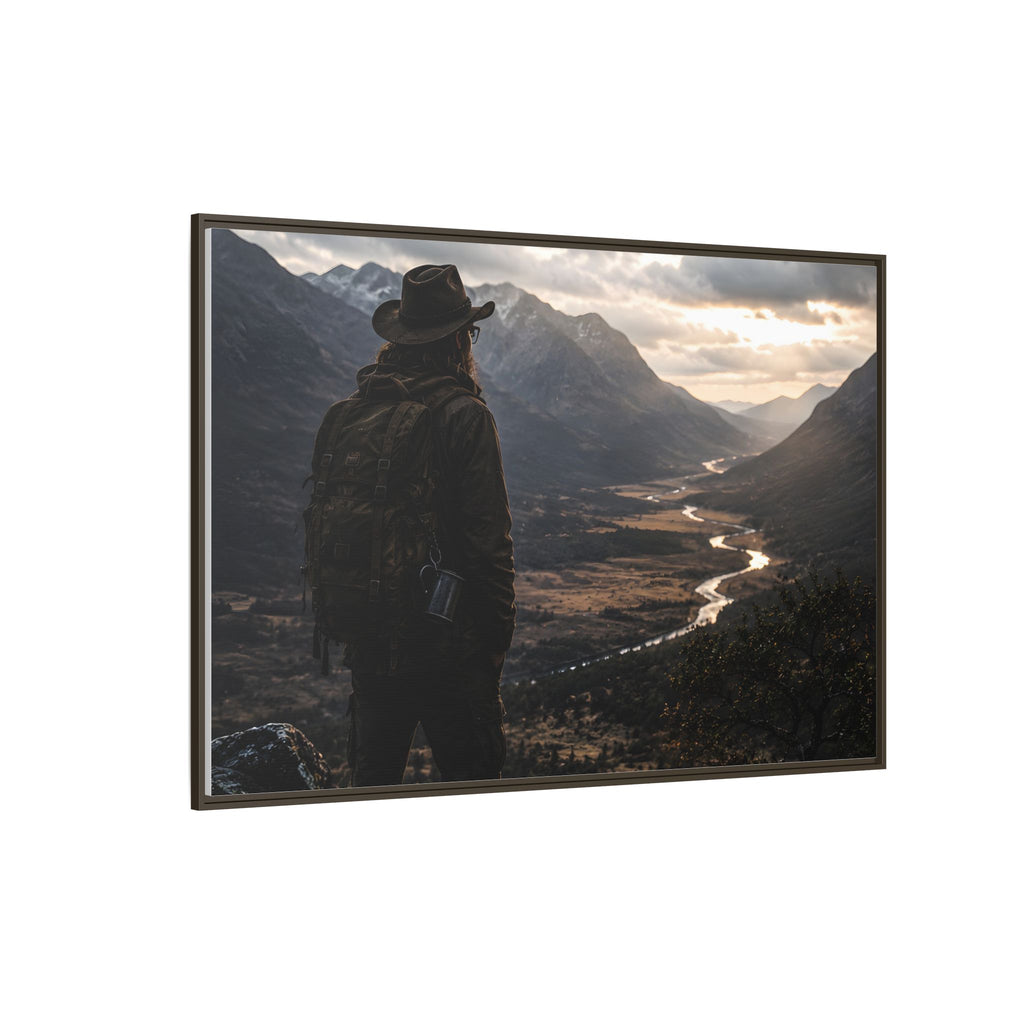 Wanderer in the Valley Matte Framed Canvas – Adventure Landscape Wall Art