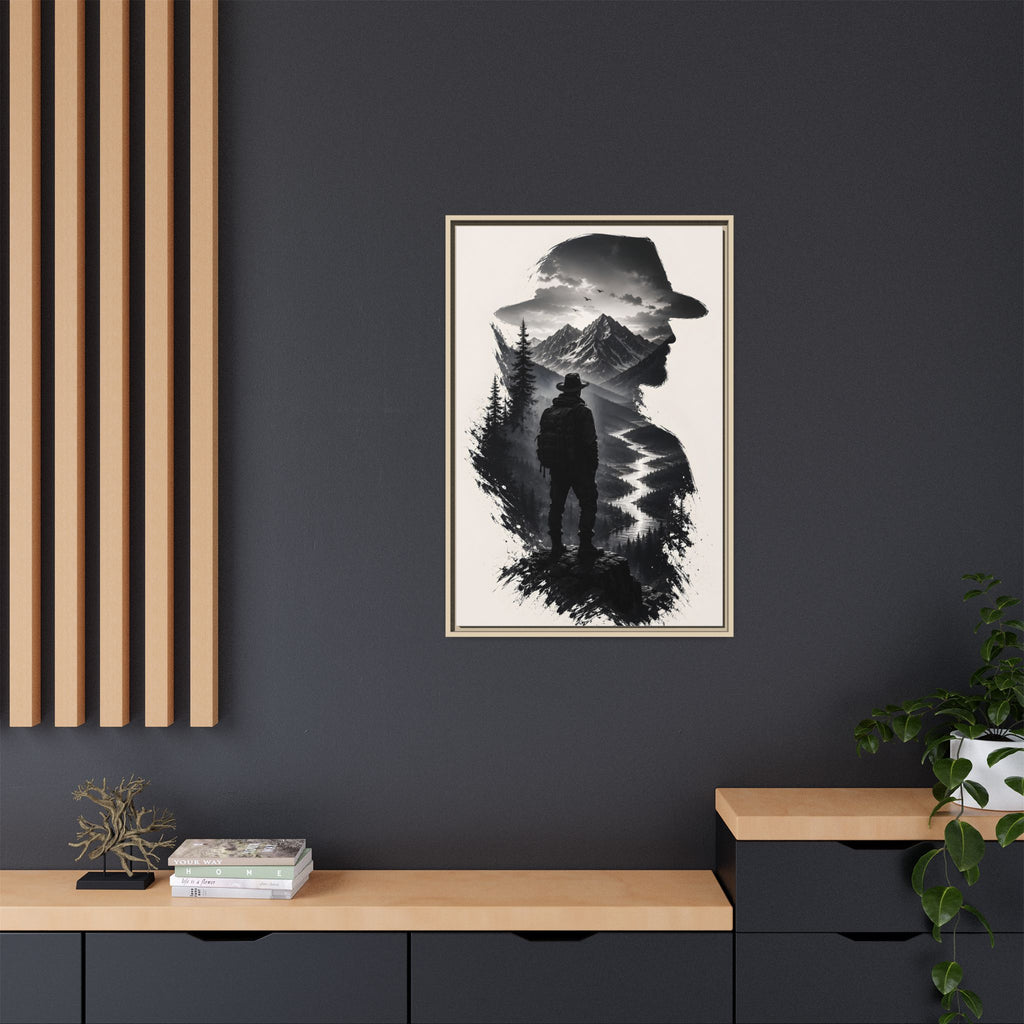 Adventure Silhouette Matte Canvas Framed Print — Mountain Hiker Double Exposure Wall Art